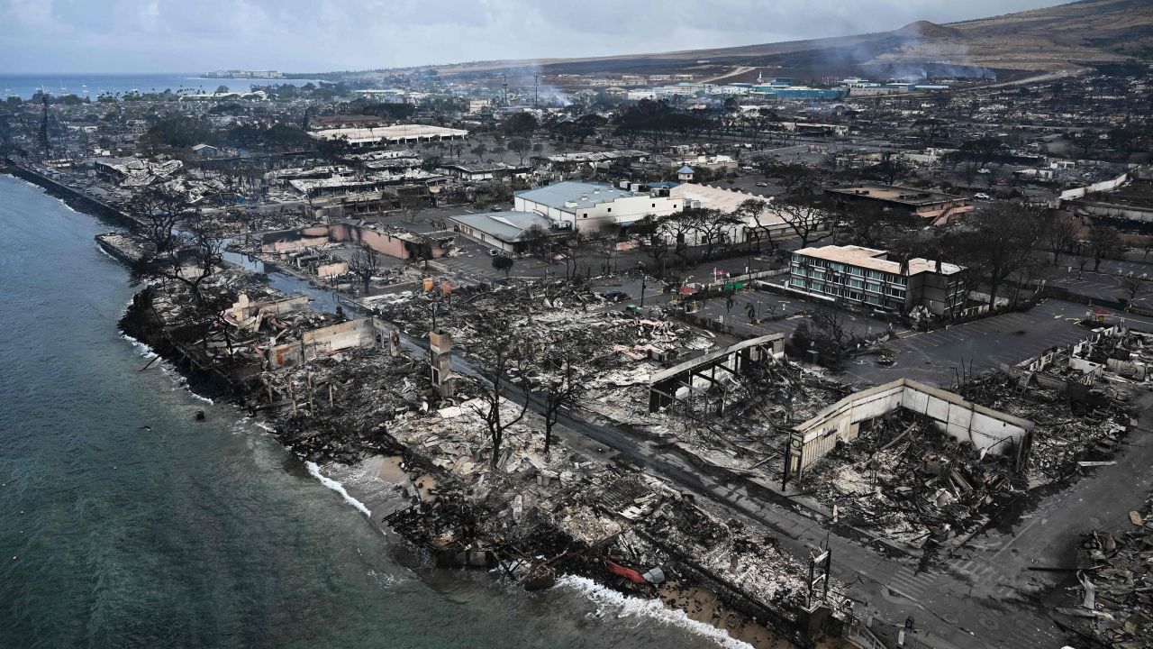 An aerial image the aftermath of wildfires in Lahaina, Hawaii.