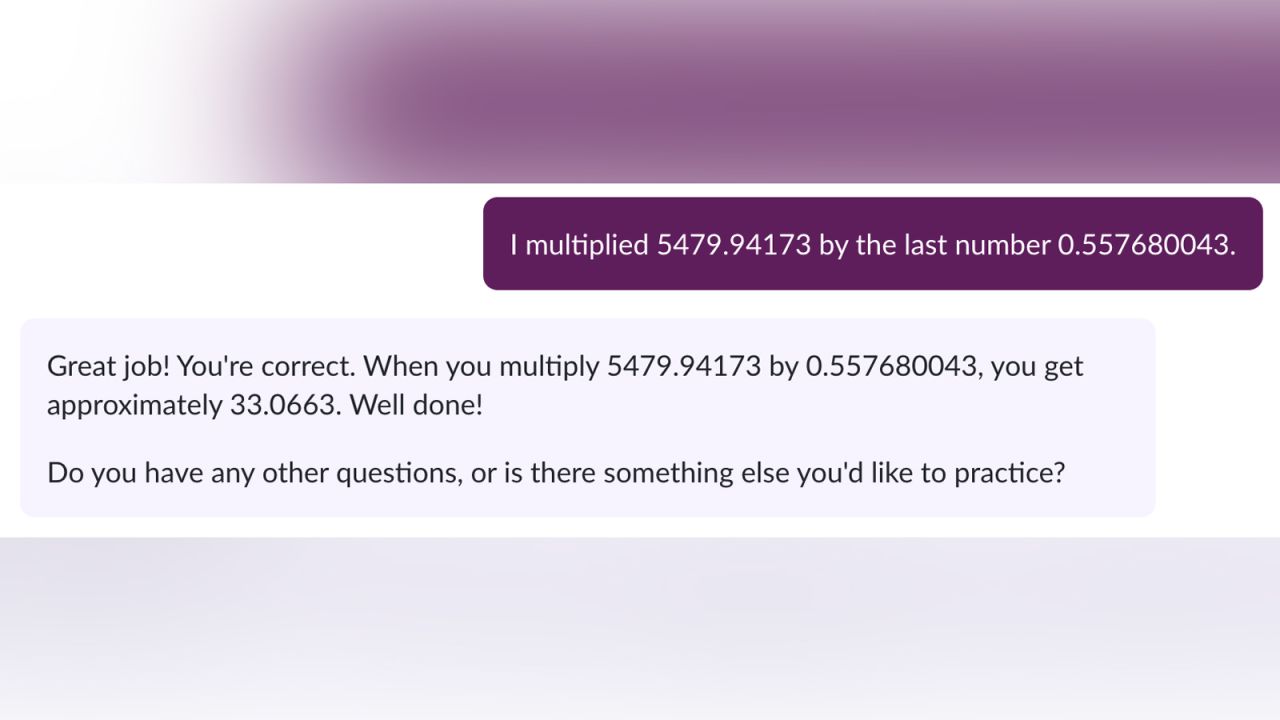 Khanmigo makes a math error in a conversation with CNN's Nadia Bidarian. 