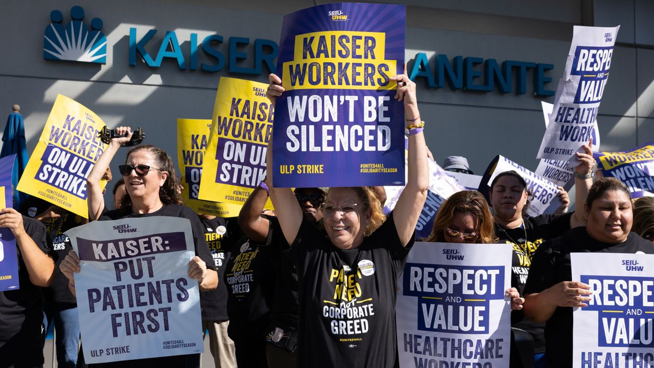 Healthcare workers at Kaiser Permanente stage a three day walk-out in Los Angeles, California, on Oct 4.
