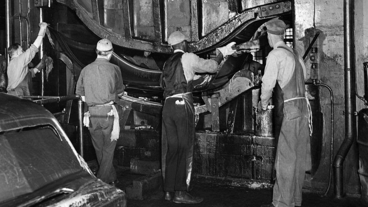 A 1946 photo showing workers on a press forming in a Ford factory in Detroit.
Black workers for decades were relegated to the lowest-paying jobs at auto factories, but fought to win greater access.